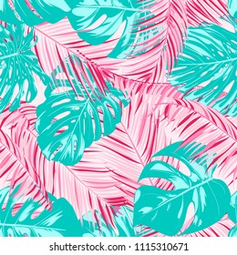 Tropic Seamless Pattern with Palm Leaves. Exotic Summer Background. Handwritten Jungle Foliage. Vector Leaf of Philodendron and Palm. Tropical Seamless Pattern in Pastel Color Design for Print. EPS10.