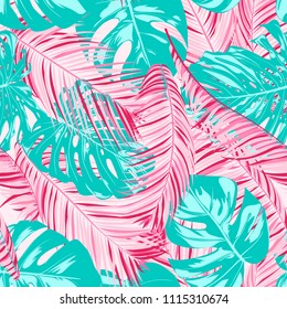 Tropic Seamless Pattern with Palm Leaves. Exotic Summer Background. Handwritten Jungle Foliage. Vector Leaf of Philodendron and Palm. Tropical Seamless Pattern in Pastel Color Design for Print. EPS10.