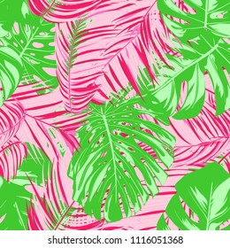 Tropic Seamless Pattern with Palm Leaves. Exotic Summer Background. Handwritten Jungle Foliage. Vector Leaf of Philodendron and Palm. Tropical Seamless Pattern in Pink And Green Colors. EPS10.