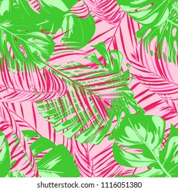 Tropic Seamless Pattern with Palm Leaves. Exotic Summer Background. Handwritten Jungle Foliage. Vector Leaf of Philodendron and Palm. Tropical Seamless Pattern in Pink And Green Colors. EPS10.