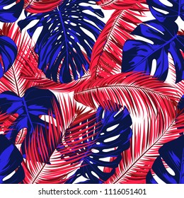 Tropic Seamless Pattern with Palm Leaves and Monstera. Exotic Summer Background. Jungle Foliage. Vector Leaf of Philodendron and Palm. Bright Tropical Seamless Pattern in Blue and Red Colors. EPS10.