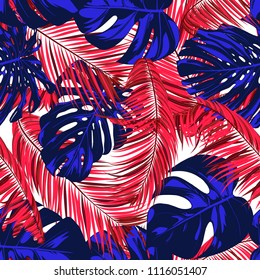 Tropic Seamless Pattern with Palm Leaves and Monstera. Exotic Summer Background. Jungle Foliage. Vector Leaf of Philodendron and Palm. Bright Tropical Seamless Pattern in Blue and Red Colors. EPS10.
