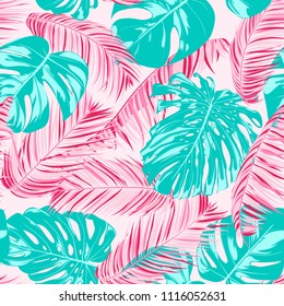 Tropic Seamless Pattern with Palm Leaves. Exotic Summer Background. Handwritten Jungle Foliage. Vector Leaf of Philodendron and Palm. Tropical Seamless Pattern in Pastel Color Design for Print. EPS10.