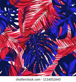 Tropic Seamless Pattern with Palm Leaves and Monstera. Exotic Summer Background. Jungle Foliage. Vector Leaf of Philodendron and Palm. Bright Tropical Seamless Pattern in Blue and Red Colors. EPS10.