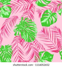 Tropic Seamless Pattern with Palm Leaves. Exotic Summer Background. Handwritten Jungle Foliage. Vector Leaf of Philodendron and Palm. Tropical Seamless Pattern in Pink And Green Colors. EPS10.