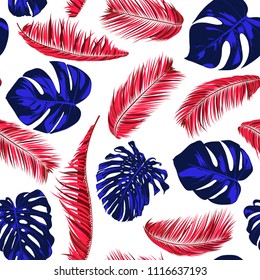 Tropic Seamless Pattern with Palm Leaves and Monstera. Exotic Summer Background. Jungle Foliage. Vector Leaf of Philodendron and Palm. Bright Tropical Seamless Pattern in Blue and Red Colors. EPS10.
