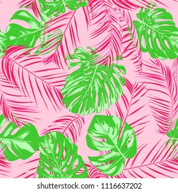 Tropic Seamless Pattern with Palm Leaves. Exotic Summer Background. Handwritten Jungle Foliage. Vector Leaf of Philodendron and Palm. Tropical Seamless Pattern in Pink And Green Colors. EPS10.