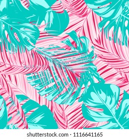 Tropic Seamless Pattern with Palm Leaves. Exotic Summer Background. Handwritten Jungle Foliage. Vector Leaf of Philodendron and Palm. Tropical Seamless Pattern in Pastel Color Design for Print. EPS10.