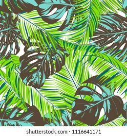 Tropic Seamless Pattern with Palm Leaves. Fresh Exotic Summer Background. Handwritten Jungle Foliage. Vector Leaf of Monstera and Palm. Tropical Seamless Pattern in Green, Blue and Brown Colors.