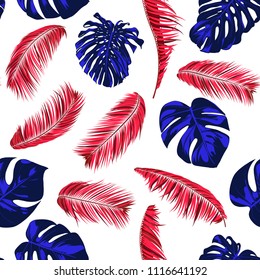 Tropic Seamless Pattern with Palm Leaves and Monstera. Exotic Summer Background. Jungle Foliage. Vector Leaf of Philodendron and Palm. Bright Tropical Seamless Pattern in Blue and Red Colors. EPS10.