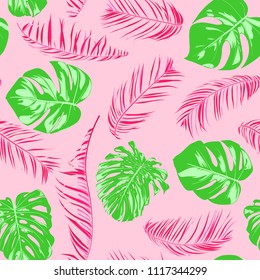 Tropic Seamless Pattern with Palm Leaves. Exotic Summer Background. Handwritten Jungle Foliage. Vector Leaf of Philodendron and Palm. Tropical Seamless Pattern in Pink And Green Colors. EPS10.
