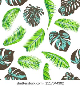 Tropic Seamless Pattern with Palm Leaves. Fresh Exotic Summer Background. Handwritten Jungle Foliage. Vector Leaf of Monstera and Palm. Tropical Seamless Pattern in Green, Blue and Brown Colors.
