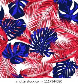 Tropic Seamless Pattern with Palm Leaves and Monstera. Exotic Summer Background. Jungle Foliage. Vector Leaf of Philodendron and Palm. Bright Tropical Seamless Pattern in Blue and Red Colors. EPS10.