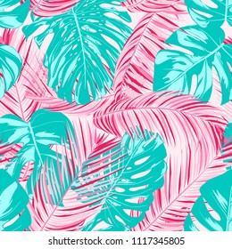 Tropic Seamless Pattern with Palm Leaves. Exotic Summer Background. Handwritten Jungle Foliage. Vector Leaf of Philodendron and Palm. Tropical Seamless Pattern in Pastel Color Design for Print. EPS10.