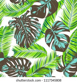 Tropic Seamless Pattern with Palm Leaves. Fresh Exotic Summer Background. Handwritten Jungle Foliage. Vector Leaf of Monstera and Palm. Tropical Seamless Pattern in Green, Blue and Brown Colors.