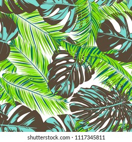 Tropic Seamless Pattern with Palm Leaves. Fresh Exotic Summer Background. Handwritten Jungle Foliage. Vector Leaf of Monstera and Palm. Tropical Seamless Pattern in Green, Blue and Brown Colors.