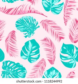 Tropic Seamless Pattern with Palm Leaves. Exotic Summer Background. Handwritten Jungle Foliage. Vector Leaf of Philodendron and Palm. Tropical Seamless Pattern in Pastel Color Design for Print. EPS10.