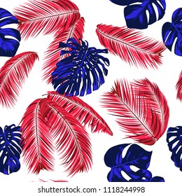 Tropic Seamless Pattern with Palm Leaves and Monstera. Exotic Summer Background. Jungle Foliage. Vector Leaf of Philodendron and Palm. Bright Tropical Seamless Pattern in Blue and Red Colors. EPS10.