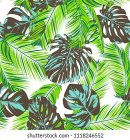 Tropic Seamless Pattern with Palm Leaves. Fresh Exotic Summer Background. Handwritten Jungle Foliage. Vector Leaf of Monstera and Palm. Tropical Seamless Pattern in Green, Blue and Brown Colors.