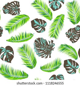 Tropic Seamless Pattern with Palm Leaves. Fresh Exotic Summer Background. Handwritten Jungle Foliage. Vector Leaf of Monstera and Palm. Tropical Seamless Pattern in Green, Blue and Brown Colors.