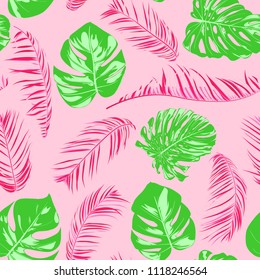 Tropic Seamless Pattern with Palm Leaves. Exotic Summer Background. Handwritten Jungle Foliage. Vector Leaf of Philodendron and Palm. Tropical Seamless Pattern in Pink And Green Colors. EPS10.