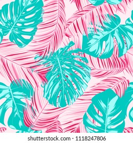 Tropic Seamless Pattern with Palm Leaves. Exotic Summer Background. Handwritten Jungle Foliage. Vector Leaf of Philodendron and Palm. Tropical Seamless Pattern in Pastel Color Design for Print. EPS10.