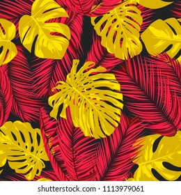 Tropic Seamless Pattern with Palm and Monstera Leaves. Exotic Summer Background in Watercolor Style. Jungle Foliage. Vector Leaf of Philodendron and Palm. Trendy Tropical Pattern for Fabric, Cloth.