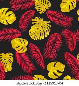 Tropic Seamless Pattern with Palm and Monstera Leaves. Exotic Summer Background in Watercolor Style. Jungle Foliage. Vector Leaf of Philodendron and Palm. Trendy Tropical Pattern for Fabric, Cloth.