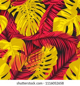 Tropic Seamless Pattern with Palm and Monstera Leaves. Exotic Summer Background in Watercolor Style. Jungle Foliage. Vector Leaf of Philodendron and Palm. Trendy Tropical Pattern for Fabric, Cloth.