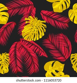 Tropic Seamless Pattern with Palm and Monstera Leaves. Exotic Summer Background in Watercolor Style. Jungle Foliage. Vector Leaf of Philodendron and Palm. Trendy Tropical Pattern for Fabric, Cloth.