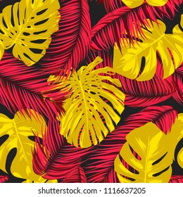 Tropic Seamless Pattern with Palm and Monstera Leaves. Exotic Summer Background in Watercolor Style. Jungle Foliage. Vector Leaf of Philodendron and Palm. Trendy Tropical Pattern for Fabric, Cloth.