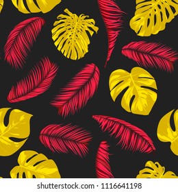 Tropic Seamless Pattern with Palm and Monstera Leaves. Exotic Summer Background in Watercolor Style. Jungle Foliage. Vector Leaf of Philodendron and Palm. Trendy Tropical Pattern for Fabric, Cloth.