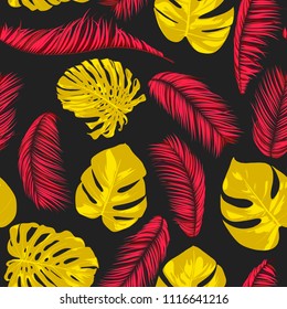 Tropic Seamless Pattern with Palm and Monstera Leaves. Exotic Summer Background in Watercolor Style. Jungle Foliage. Vector Leaf of Philodendron and Palm. Trendy Tropical Pattern for Fabric, Cloth.