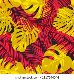 Tropic Seamless Pattern with Palm and Monstera Leaves. Exotic Summer Background in Watercolor Style. Jungle Foliage. Vector Leaf of Philodendron and Palm. Trendy Tropical Pattern for Fabric, Cloth.