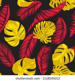 Tropic Seamless Pattern with Palm and Monstera Leaves. Exotic Summer Background in Watercolor Style. Jungle Foliage. Vector Leaf of Philodendron and Palm. Trendy Tropical Pattern for Fabric, Cloth.