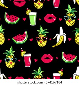 Tropic seamless pattern with pineapple, lips, cocktail, watermelon, banana. Vector background with fashion patches and stickers in cartoon 80s-90s trendy style.