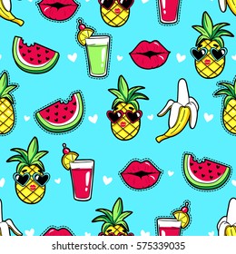 Tropic seamless pattern with pineapple, lips, cocktail, watermelon, banana. Vector background with fashion patches and stickers in cartoon 80s-90s trendy style.