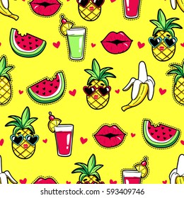 Tropic seamless pattern with pineapple, lips, cocktail, watermelon, banana. Vector background with fashion stickers and patches in cartoon 80s-90s trendy style.