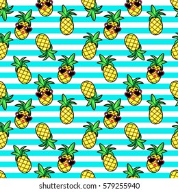 Tropic seamless pattern with pineapples and sunglasses. Vector background with summer tropic fruits in cartoon 80s-90s trendy style.