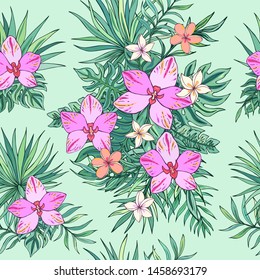 Tropic seamless pattern with plumeria, orchid and tropical leaves. Summer decoration print for wrapping, wallpaper, fabric. Seamless vector texture. Tropical bouquet flowers.