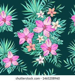 Tropic seamless pattern with plumeria, orchid and tropical leaves. Summer decoration print for wrapping, wallpaper, fabric. Seamless vector texture. Tropical bouquet flowers.