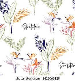 Tropic seamless pattern with strelitzia and palm leaf, tropical flowers, palm leaves bouquet. Sketch in watercolor style.