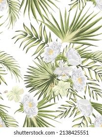 Tropic seamless pattern. Vector vintage illustration for wallpaper, cover, print. Jungle palm leaves. Tropical foliage.