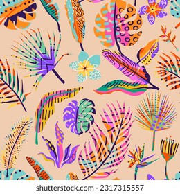 Tropic seamless vector background. Summer pattern with textured palm leaves, flowers. Graphic design in simple trend modern style. Bright color.