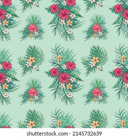 Tropic seamless vector pattern with hibiscus, plumeria and tropical leaves. Summer decoration print for wrapping, wallpaper, fabric.Tropical bouquet flowers.