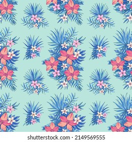 Tropic seamless vector pattern with hibiscus, plumeria and tropical leaves. Summer decoration print for wrapping, wallpaper, fabric. Tropical bouquet flowers.