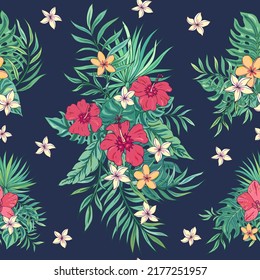 Tropic seamless vector pattern with hibiscus, plumeria and tropical leaves. Summer decoration print for wrapping, wallpaper, fabric.Tropical bouquet flowers.