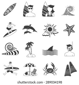 Tropic seashore surfing vacations icons black set isolated vector illustration