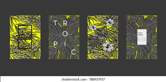 Tropic set of 4 templates. Summer vibes leaf background. Vector illustration.