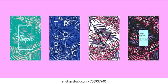 Tropic set of 4 templates. Summer vibes leaf background. Vector illustration.